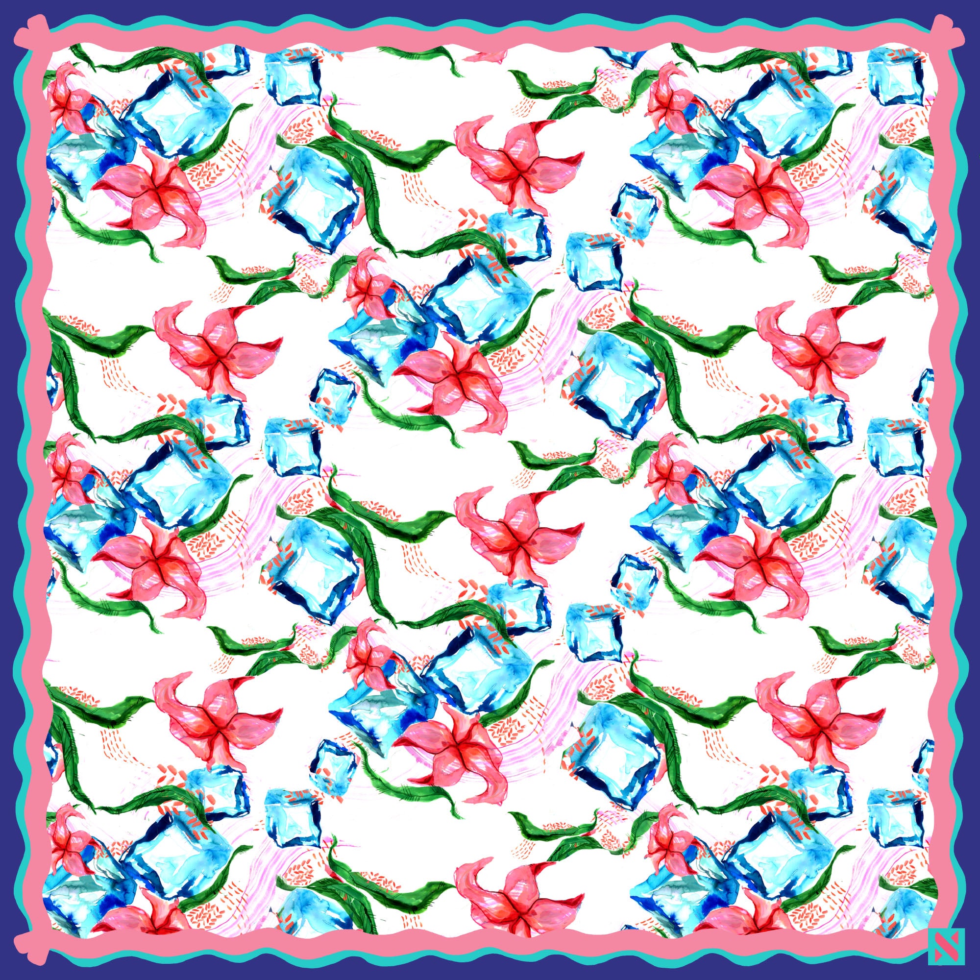 Iced Hibiscus Print [Small Square Scarf]